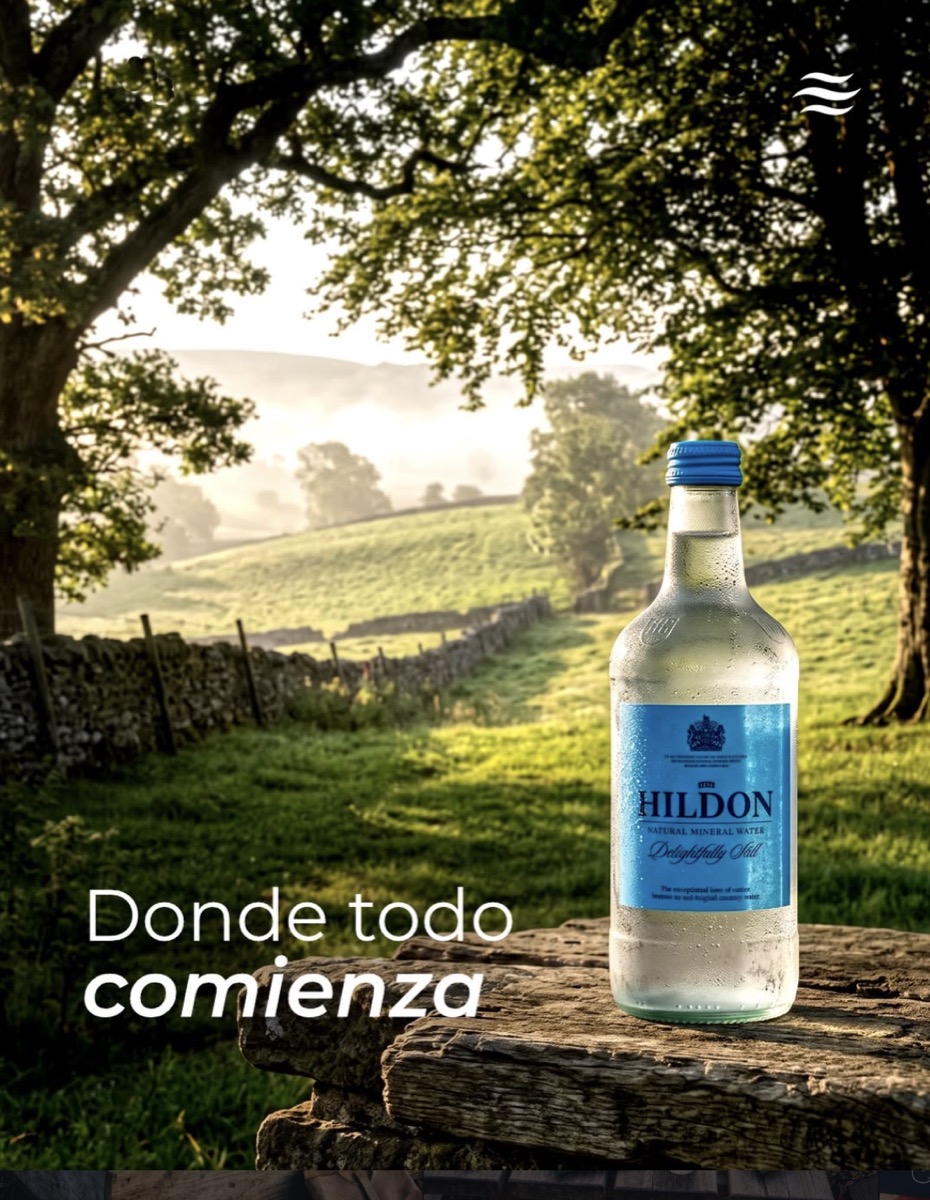 Botella Hildon Still en el paisaje rural inglés